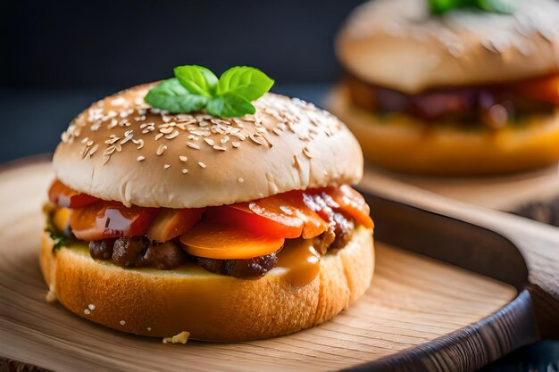 una hamburguesa con una rebanada de tomate en ella