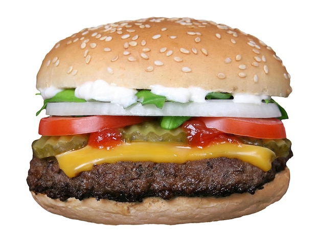 una hamburguesa con una rebanada de tomate y queso.