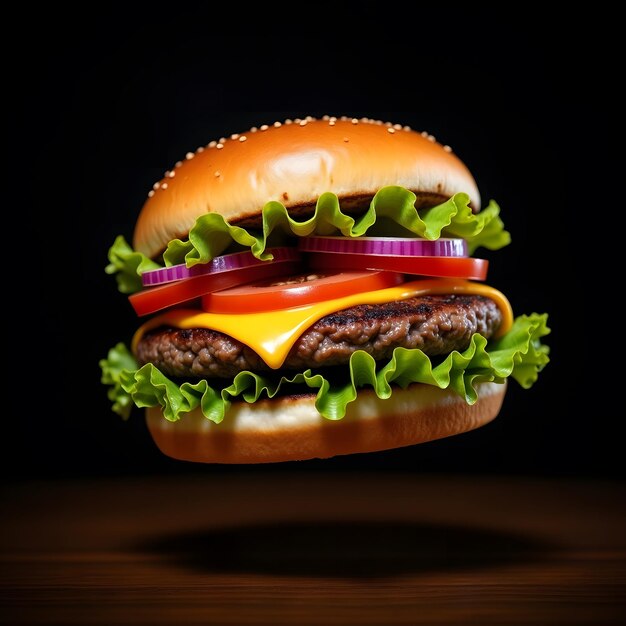 hamburguesa de res en primer plano en una mesa de madera con iluminación de alto contraste con fondo oscuro