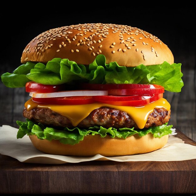 Una hamburguesa sabrosa con fondo de ingredientes voladores de queso Ai generativo