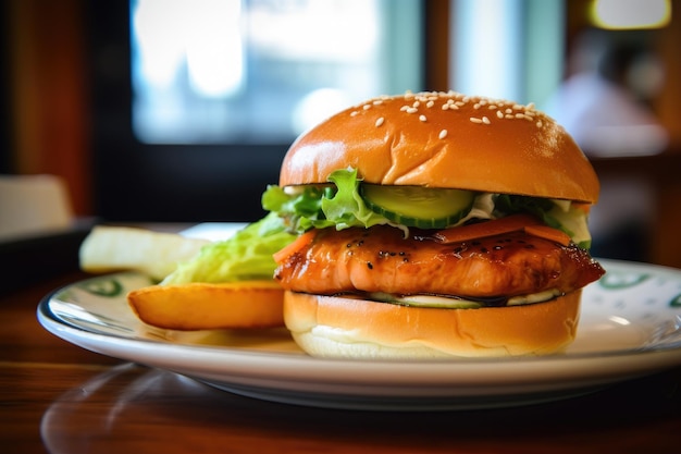 Hamburguesa de salmón teriyaki con filete de salmón a la parrilla salsa teriyaki lechuga pepino y mayonesa de wasabi en un bollo de brioche con fondo de interior de café japonés