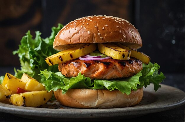 Hamburguesa de salmón teriyaki con piña y lechuga a la parrilla