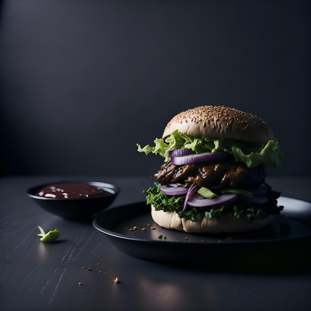 Una hamburguesa con salsa y un plato de salsa al lado.