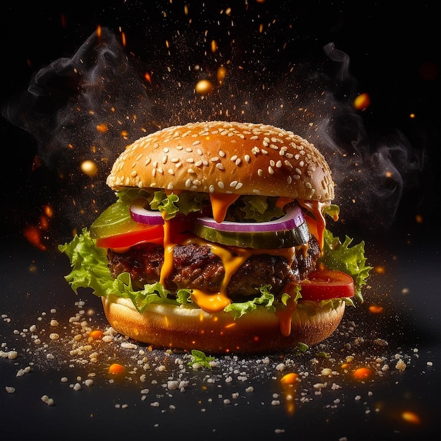 Una hamburguesa con salsa y queso con un fondo negro.