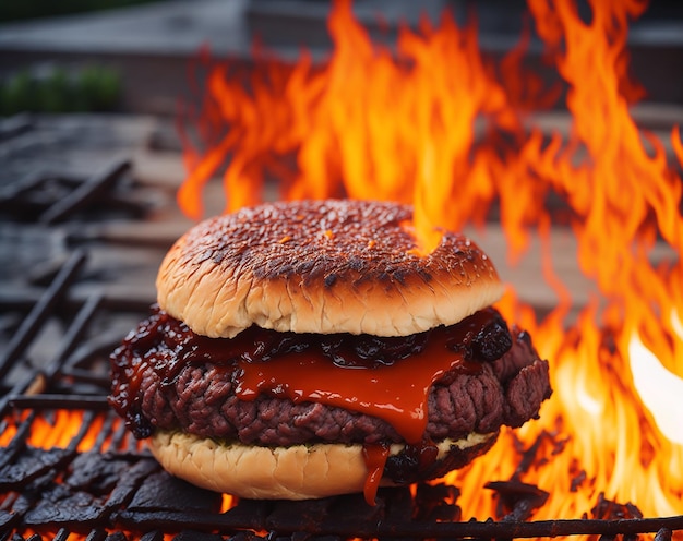 Una hamburguesa con salsa roja se sienta en una parrilla con las llamas detrás.