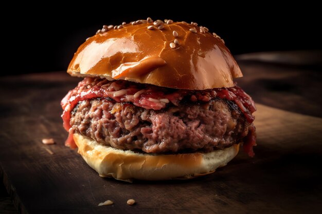 Una hamburguesa con salsa roja se sienta sobre una mesa de madera.