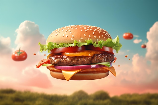 Una hamburguesa con salsa voladora y tomate encima.