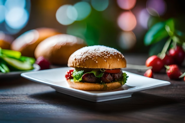 una hamburguesa con semillas de sésamo se asienta en un plato con frutas y verduras al fondo.