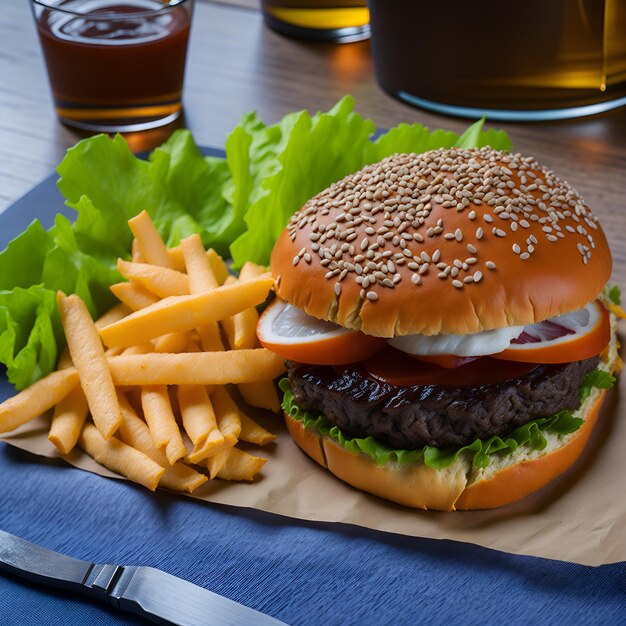 Una hamburguesa con semillas de sésamo y un bollo de semillas de sésamo se sientan en una mesa junto a unas papas fritas.