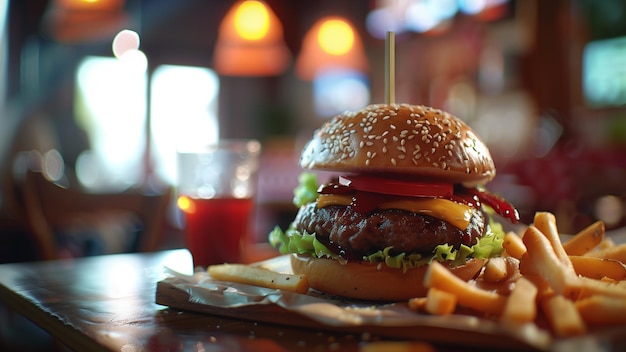 Foto una hamburguesa con semillas de sésamo en ella se sienta en una mesa