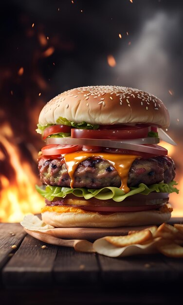 Foto una hamburguesa sentada en la parte superior de una mesa de madera hiperrealismo renderizado en el rastreo irreal del motor vray