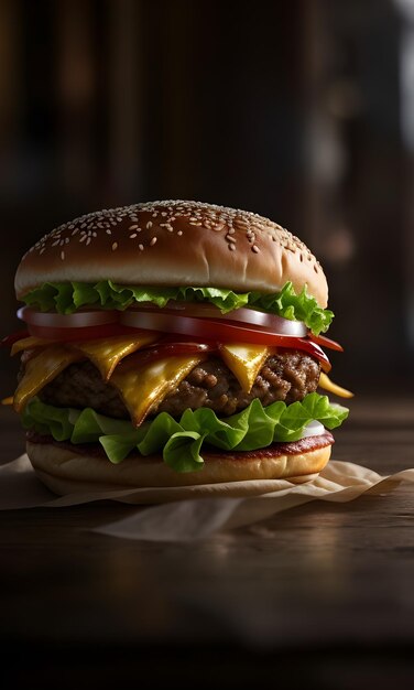 Foto una hamburguesa sentada en la parte superior de una mesa de madera hiperrealismo vray trazado renderizado en motor irreal