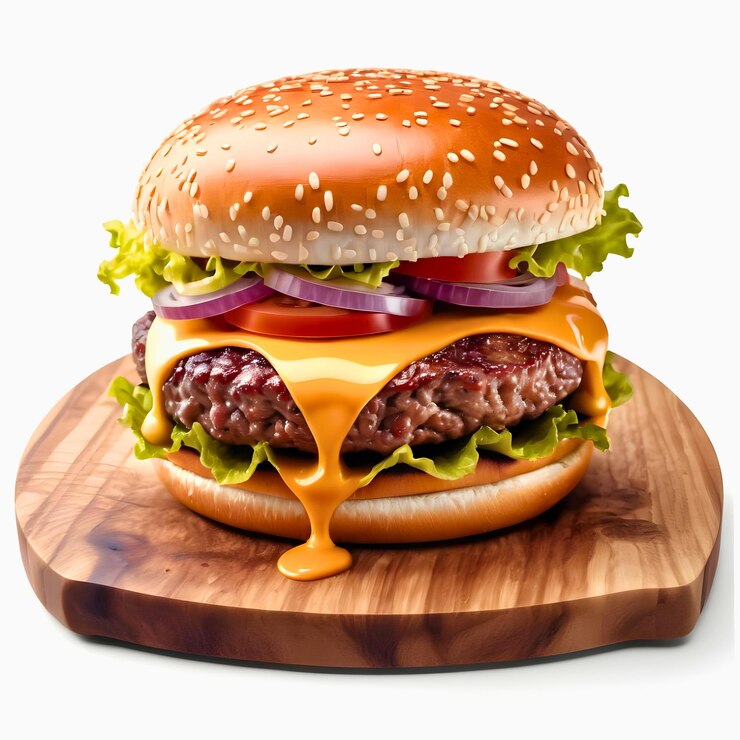 una hamburguesa sentada en la parte superior de una tabla de cortar