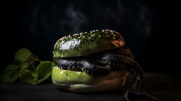 Una hamburguesa de serpiente con una serpiente encima