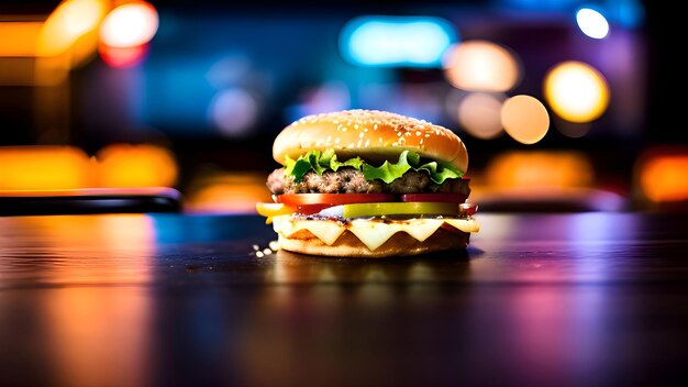 Una hamburguesa se sienta en una mesa con un fondo iluminado.