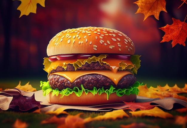 Hamburguesa sobre un fondo de hojas de otoño