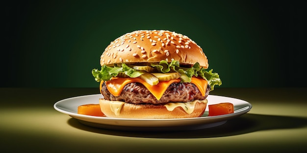 Una hamburguesa sobre un fondo verde