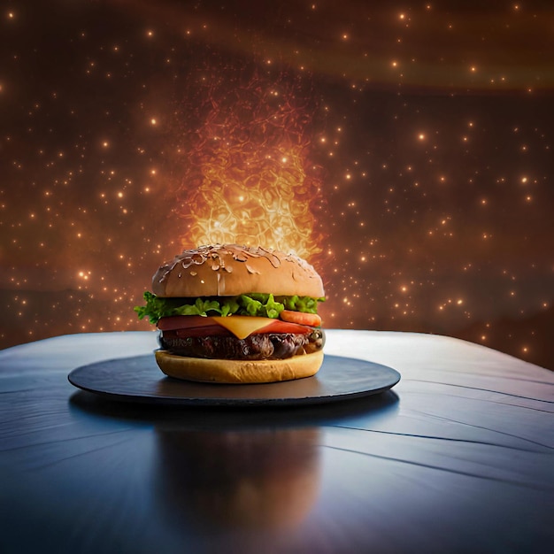 Una hamburguesa sobre una mesa con un fondo de estrellas al fondo.