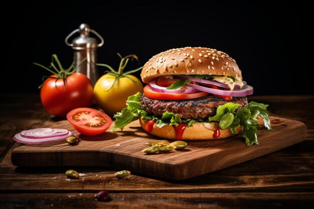 Una hamburguesa en una tabla de cortar madera con fresco.