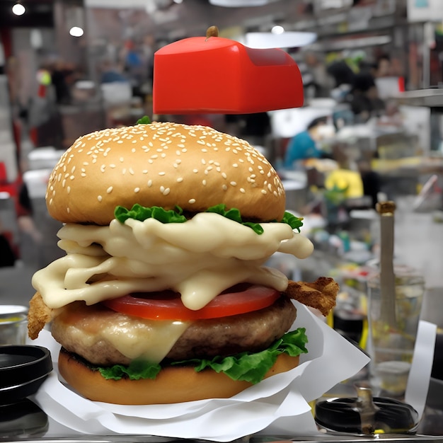 Una hamburguesa con una tapa roja que dice "queso".