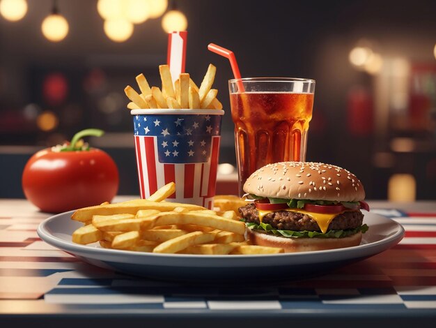 Una hamburguesa y una taza de jugo están en una mesa