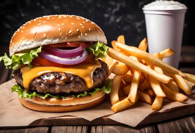 una hamburguesa con una taza de refresco y una tassa de café