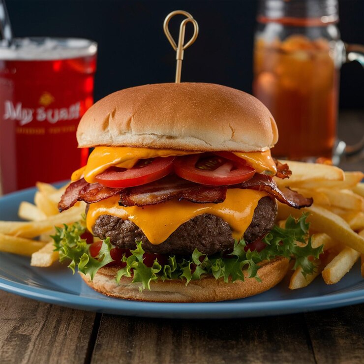 una hamburguesa con una taza roja de una bebida y una taza de café