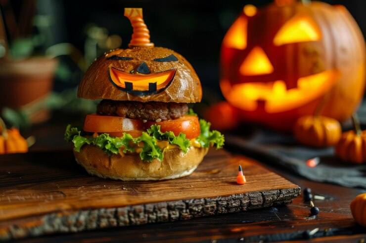 Hamburguesa temática de Halloween con pan de jackolantern goteando ketchup y decoraciones espeluznantes en el fondo