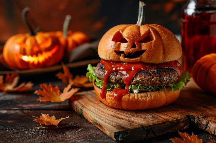 Hamburguesa temática de Halloween con pan de jackolantern goteando ketchup y decoraciones espeluznantes en el fondo