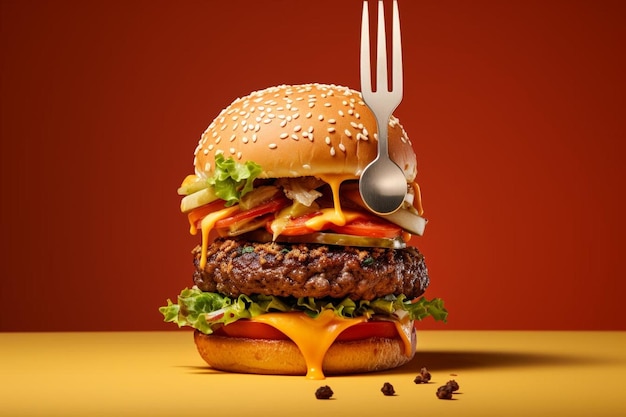 una hamburguesa con un tenedor y un cuchillo sobre la mesa