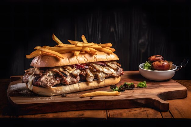 Hamburguesa de ternera artesanal y papas fritas en una mesa de madera aislada en fondo negro Red neuronal generada por IA