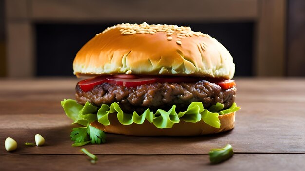 Hamburguesa de ternera casera de primer plano en la mesa de madera