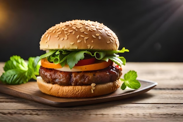 Hamburguesa de ternera casera de primer plano en la mesa de madera