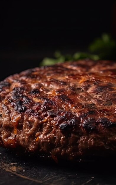 Foto una hamburguesa de ternera a la parrilla de cerca sobre un fondo de barbacoa generado por ai