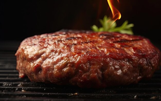 Una hamburguesa de ternera a la parrilla de cerca sobre un fondo de barbacoa generado por ai