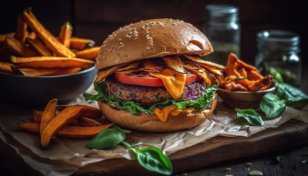 Hamburguesa de ternera a la parrilla con patatas fritas y cola generada por IA