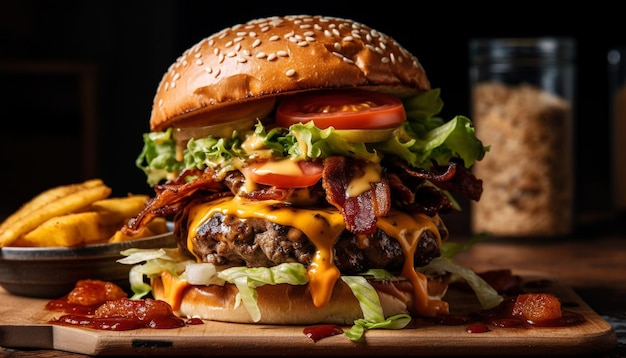 Hamburguesa de ternera a la parrilla con queso y patatas fritas generada por IA