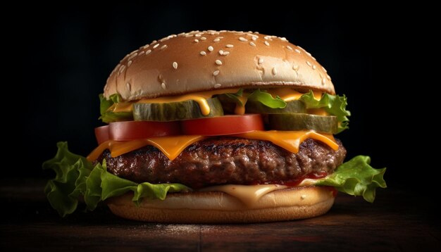 Foto hamburguesa de ternera a la parrilla con queso, tomate y cebolla en pan generada por ia