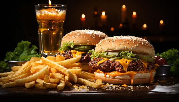 Hamburguesa de ternera a la plancha con patatas fritas, queso y tomate fresco generada por inteligencia artificial