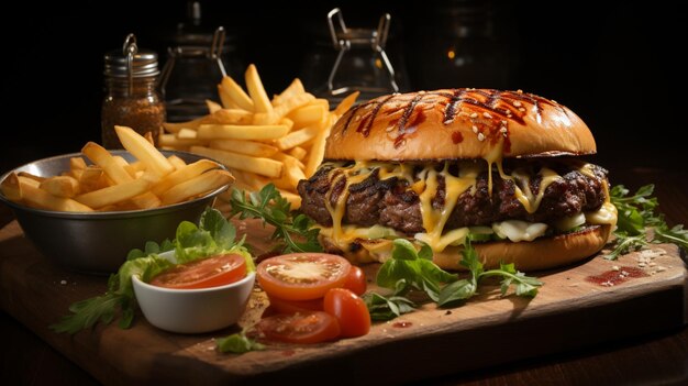 hamburguesa de ternera a la plancha con patatas fritas queso y tomate