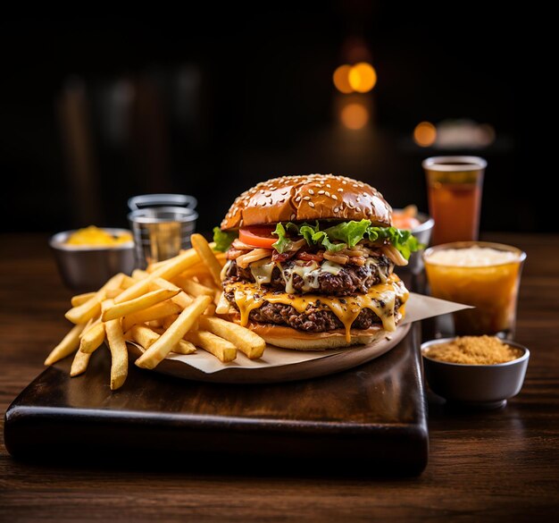 hamburguesa de ternera a la plancha con patatas fritas queso y tomate