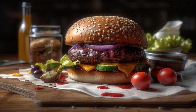 Hamburguesa de ternera a la plancha con queso, tomate y cebolla sobre ciabatta generada por inteligencia artificial