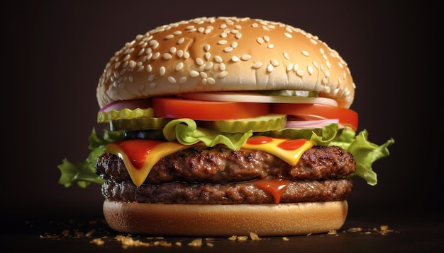 Hamburguesa de ternera a la plancha con tomate queso y cebolla en panecillo generado por inteligencia artificial