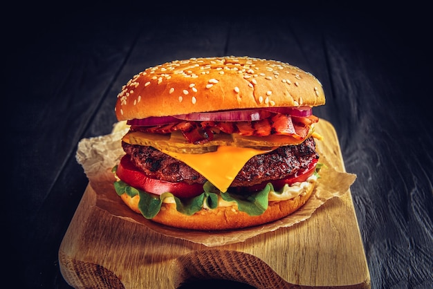 Hamburguesa de ternera con queso fundido y tocino.