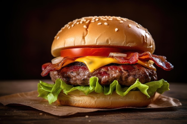 Hamburguesa de ternera rellena con dos chuletas de ternera y queso en un estudio fotográfico de fondo negro con espacio para copiar