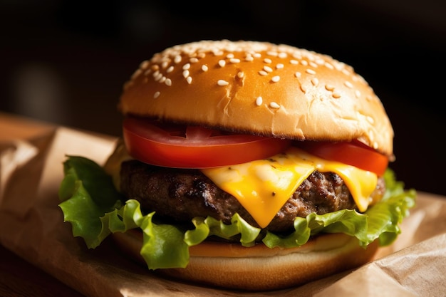 Hamburguesa de ternera rellena con dos chuletas de ternera y queso en un estudio fotográfico de fondo negro con espacio para copiar