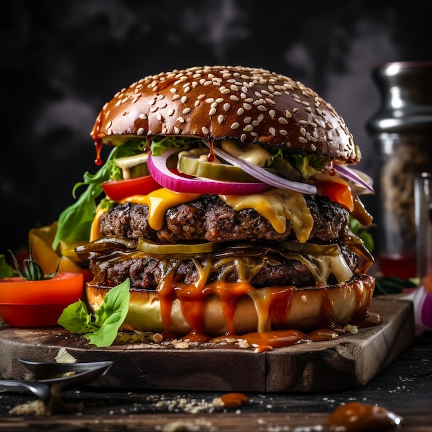 Una hamburguesa de ternera rellena de verduras y aperitivos y servida con patatas fritas