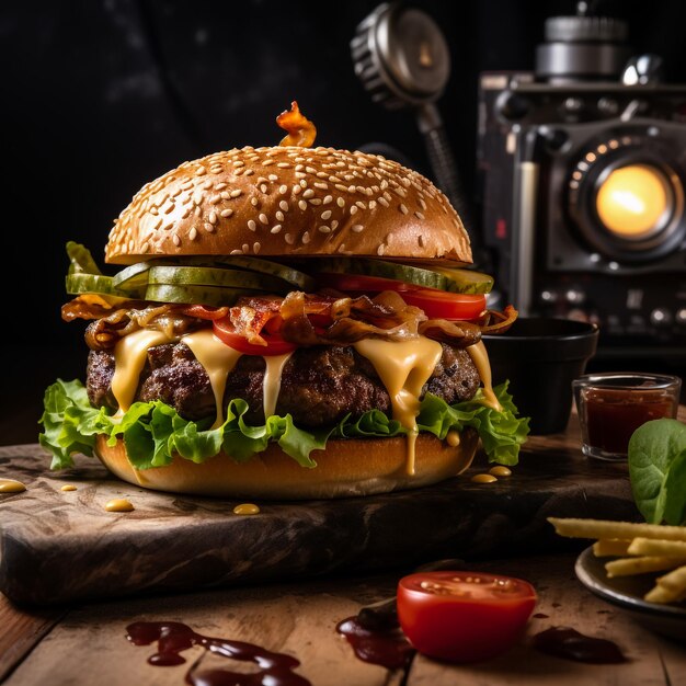 Una hamburguesa de ternera rellena de verduras y aperitivos y servida con patatas fritas