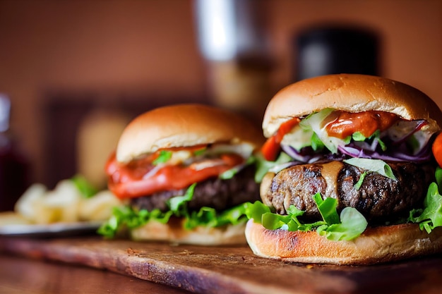 Hamburguesa de ternera con salsa en una tabla de madera