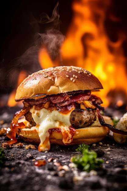 Una hamburguesa con tocino delante de un fuego